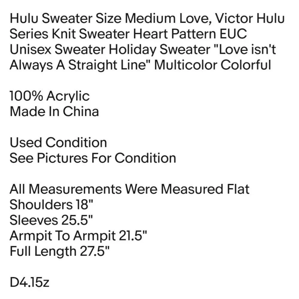 Hulu Sweater Size Medium Love, Victor Hulu Series Knit Sweater Heart Pattern EUC